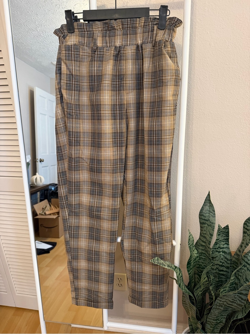 Lumiere Plaid Paperbag Waist Trousers in Tan and Black